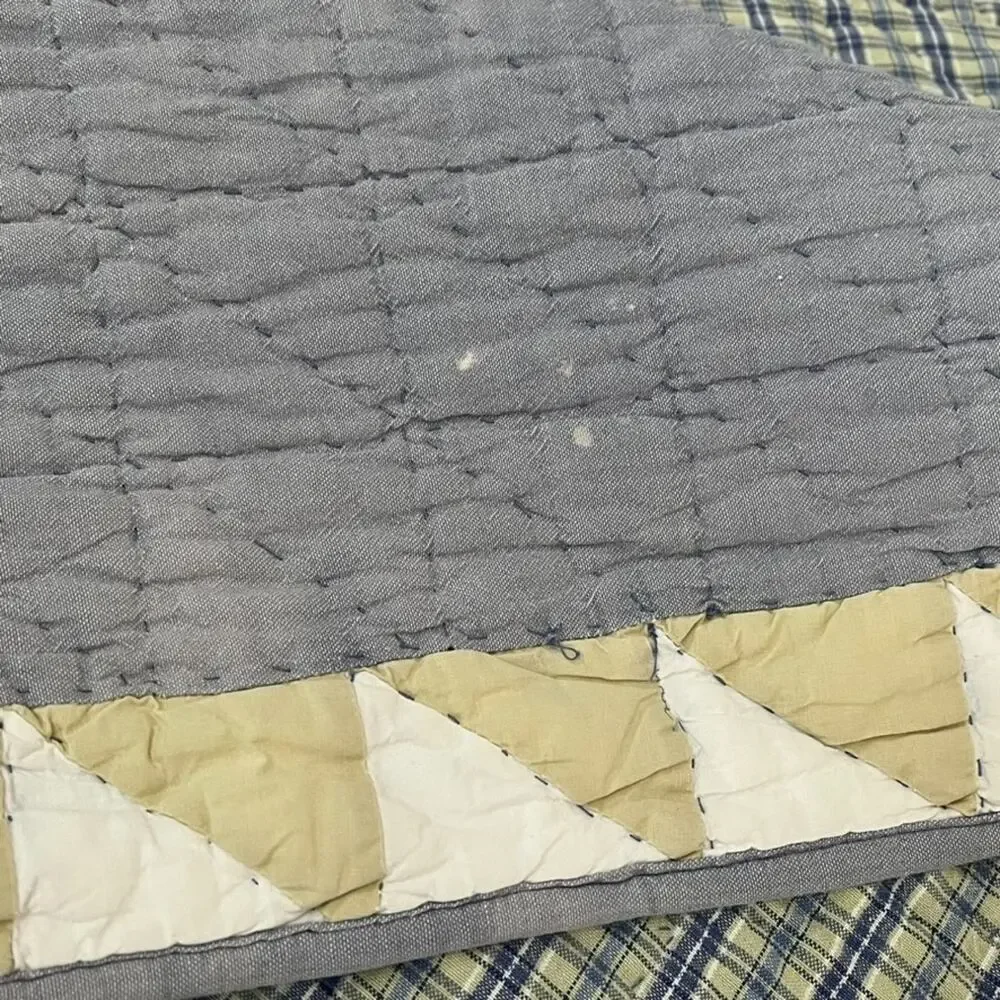 Vtg Smith & Johnson Cotton Patchwork Quilt Queen Gray Green Geometric Reversible